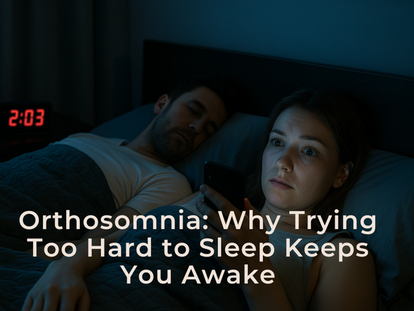 Woman lying awake at 2:03 AM, illuminated by phone light while her partner sleeps peacefully beside her.