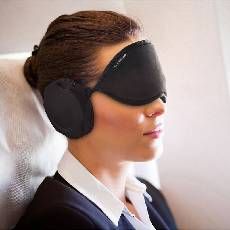 hibermate sleep mask - noise cancelling sleep mask - woman traveling on plane sleep mask